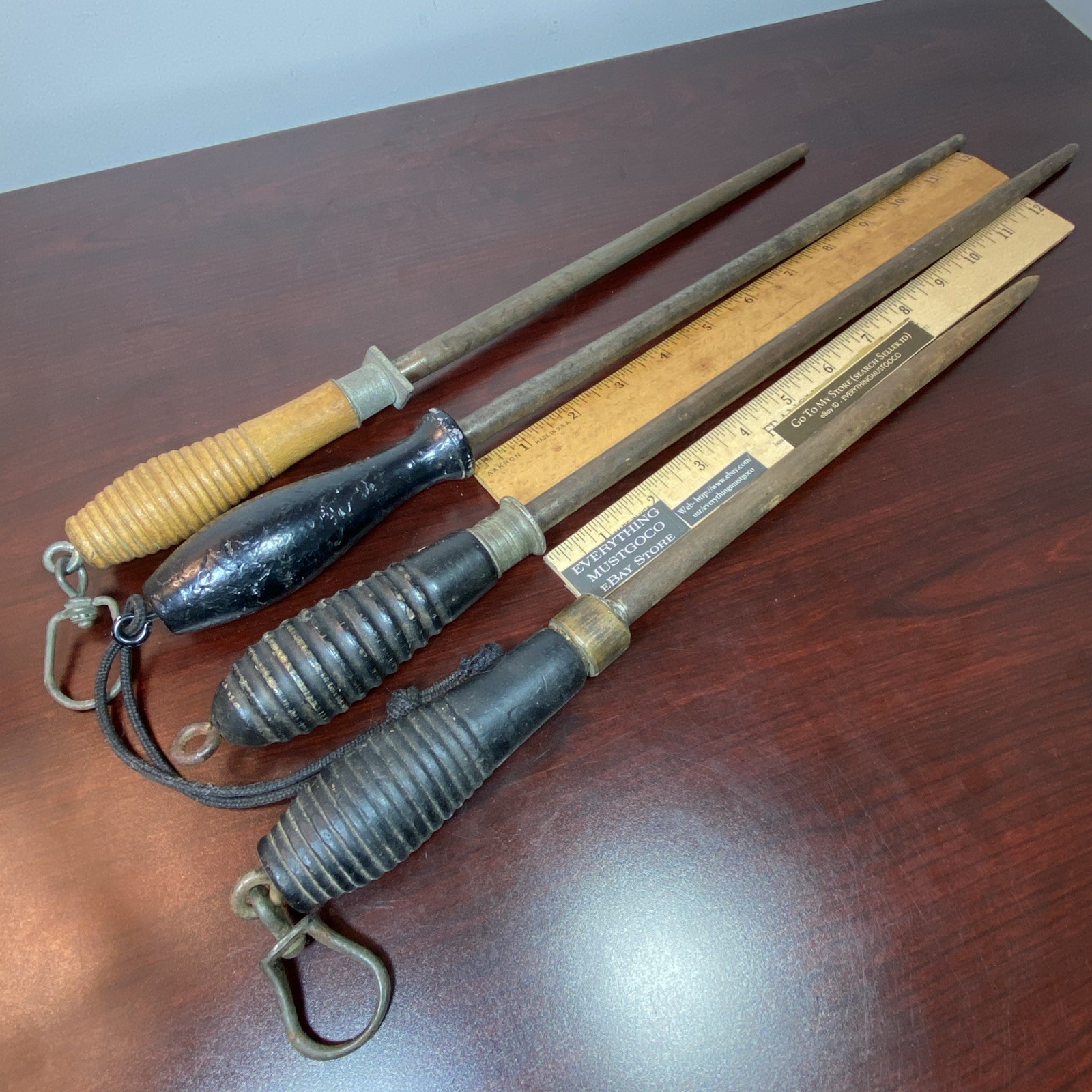 Antique Knife Sharpening Stick Honers Black Lacquered Turned Wood Handles Hanger