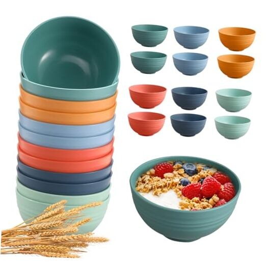 12 Pcs Unbreakable Cereal Bowls Set, 26 Oz Wheat Straw Bowls 6-Dark multicolor