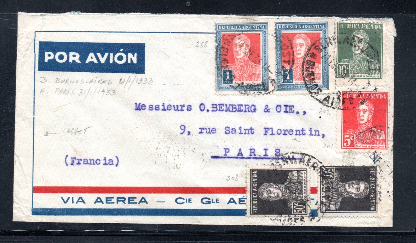 ARGENTINA, SOBRE DESTINO FRANCIA, AÑO 1933 (GE-63)