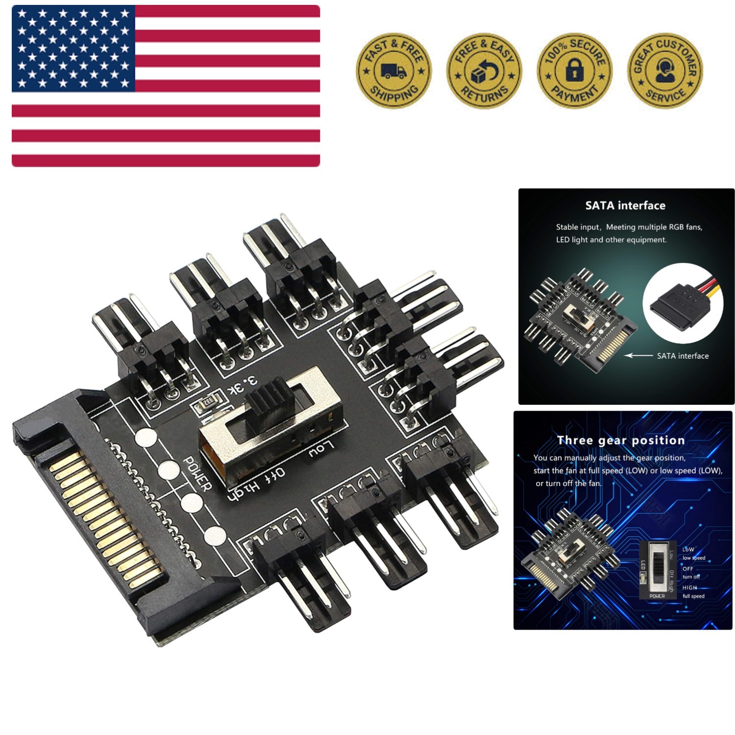 PWM Fan Hub, Fan Controller ,SATA 1 to 8 Way12V 3 PIN Cooling Fan Splitter Co...