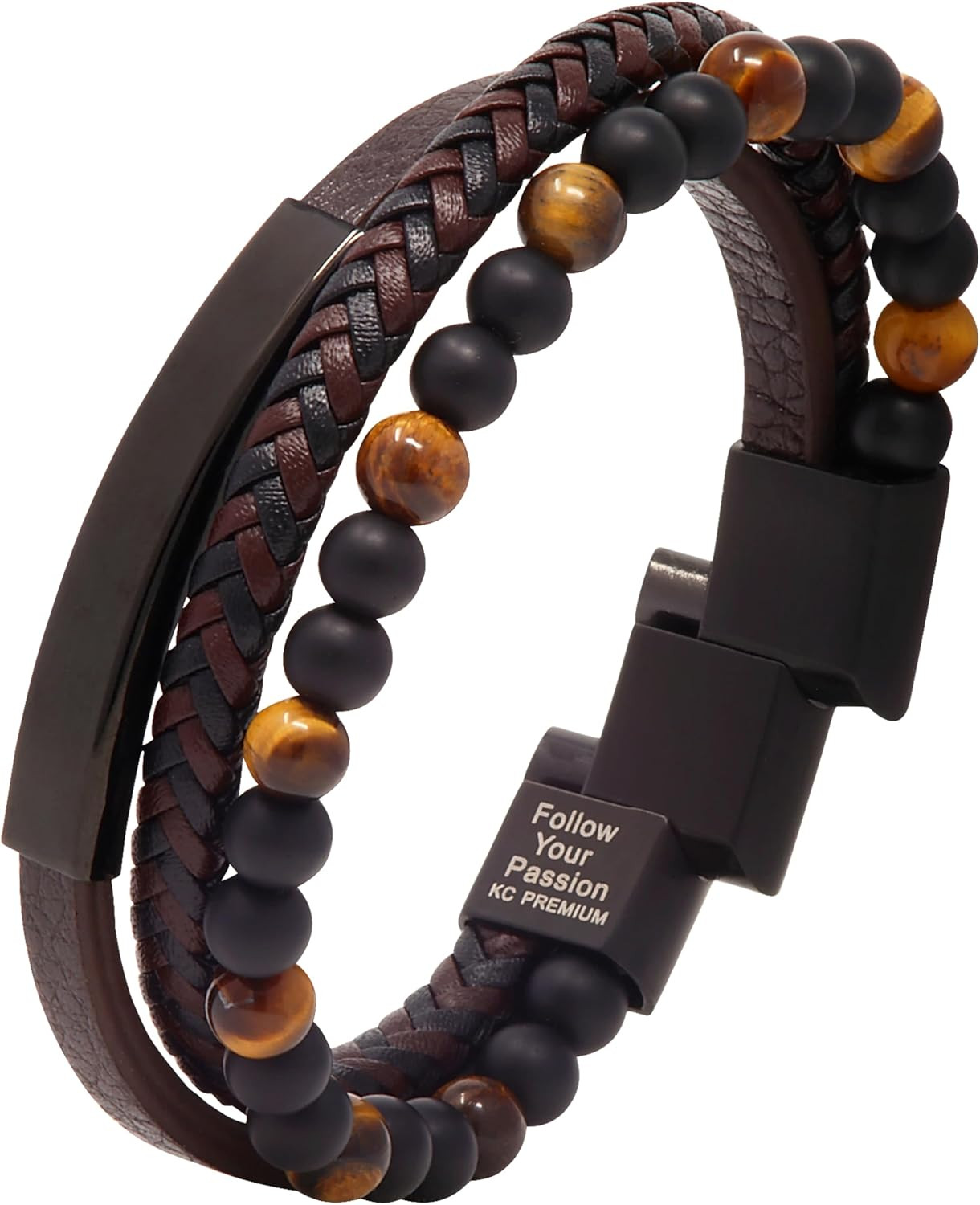 Men’S Beads & Leather Bracelet | Adjustable Magnetic Clasp | Handmade Wristband 