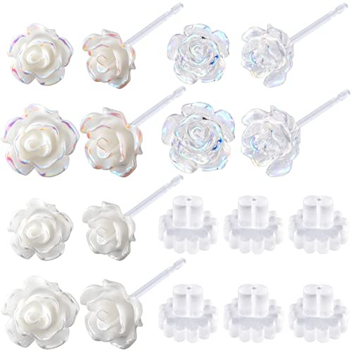 6 Pairs 6mm 8mm Plastic Clear Earrings 3D Rose Earrings Stud Post 