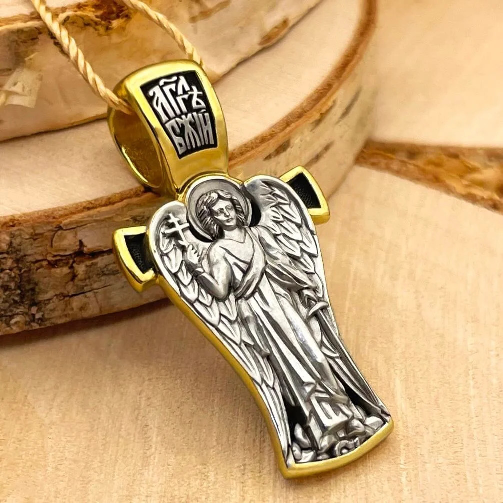 925 Silver, 999 Gold Plated Pendant with the Image of  Guardian Angel & Prayer