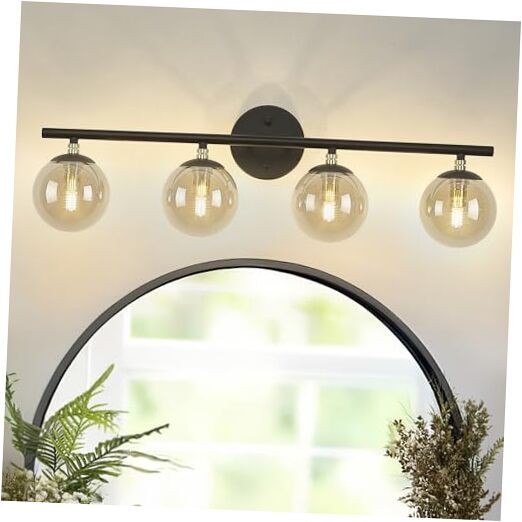  Matte Black Vanity Light, Modern Bathroom Lighting Over 4-Light Smoke Glass