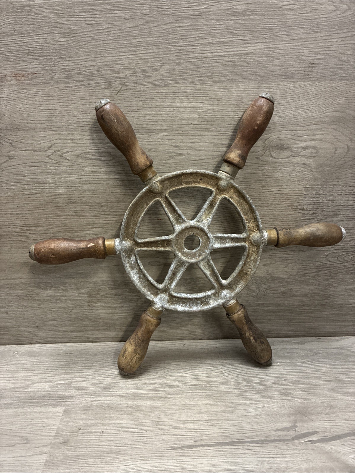Antique Nautical Maritime Salvage Wood & Metal Boat Steering Wheel Helm 12.5”