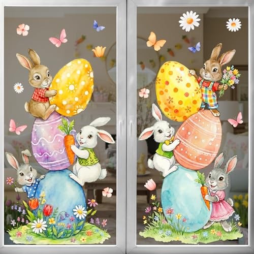 Easter Decorations Window Clings: Cute Stacked Little Bunny with Colored Eggs, 