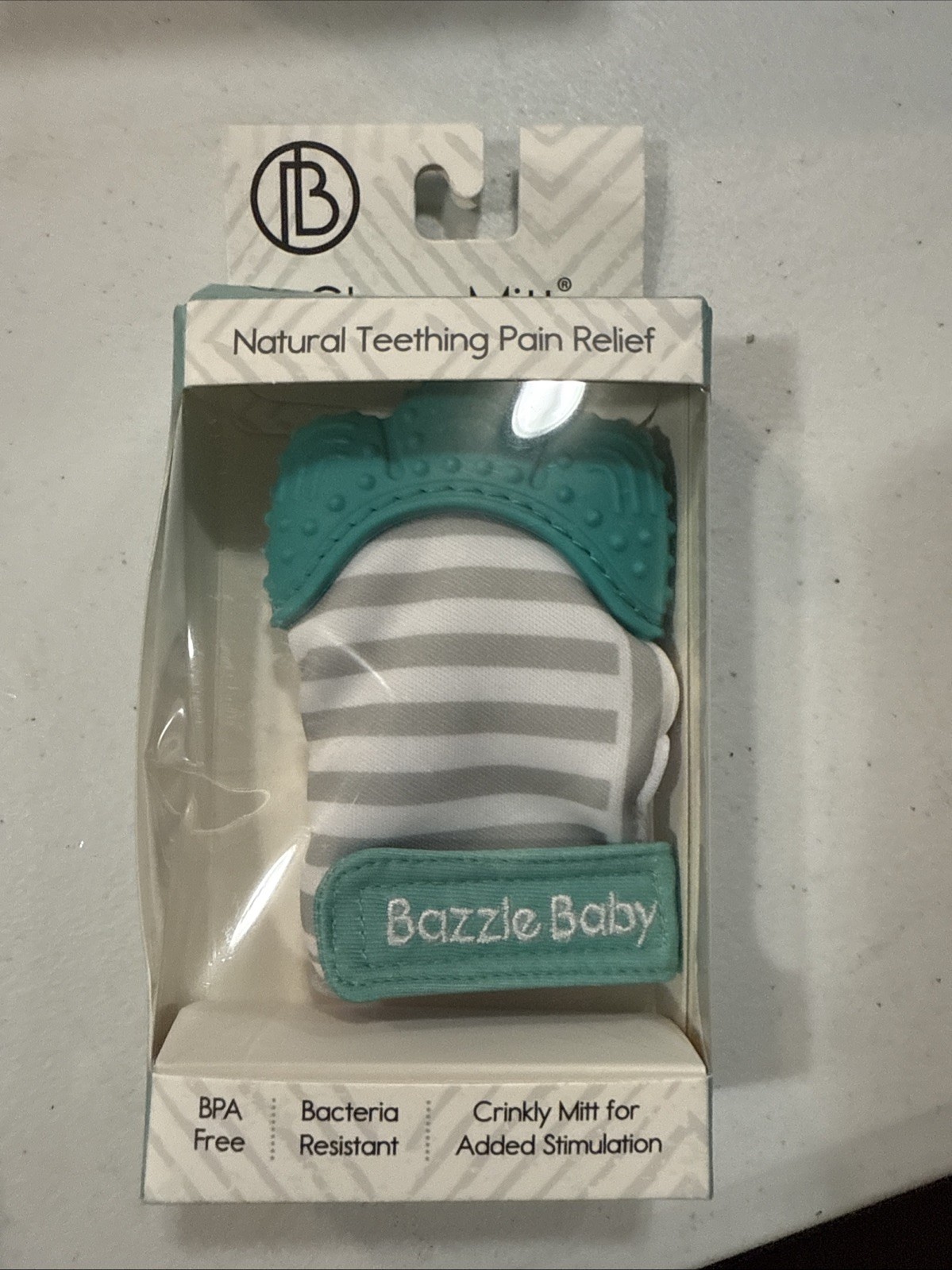 Bazzle Baby Chew Mitt Crinkle Teether green and Gray NEW