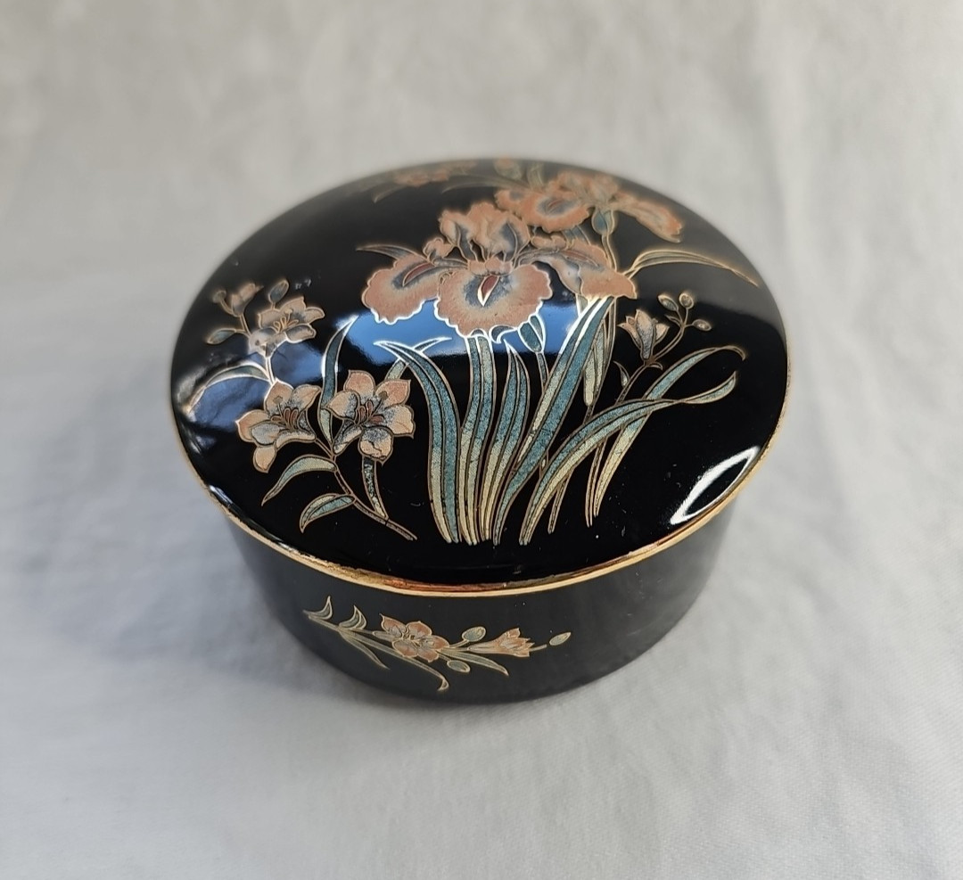 Vintage Hand‑Painted Black Ceramic Trinket Box – Floral Iris Design, Gold Accent