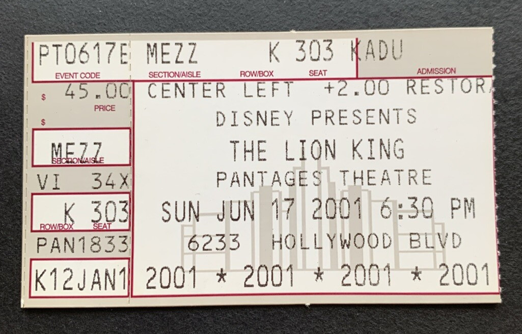 The Lion King at the Pantages in Hollywood - 2001 ticket stub