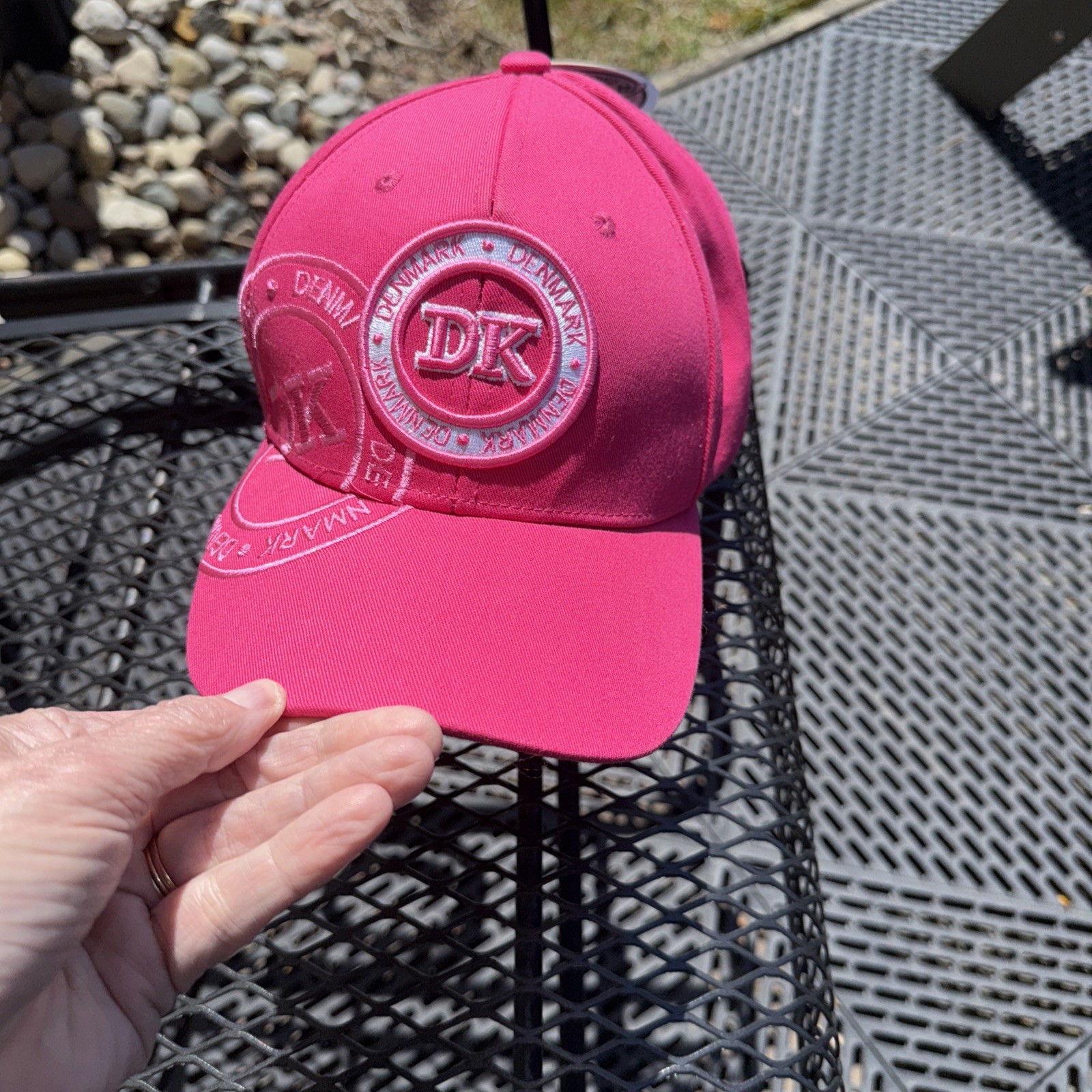 DK Denmark Bright Pink and White Patch on Pink Hat Cap Strap Buckle EUC