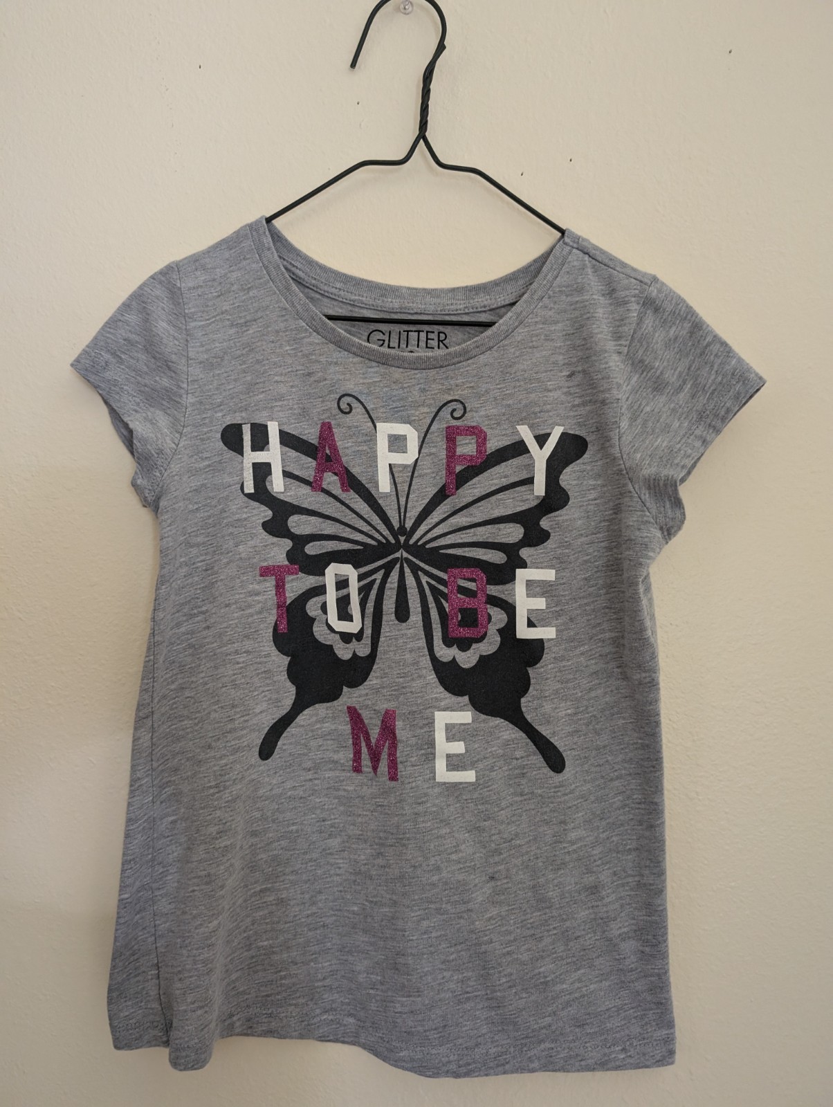 Glitter party Girls gray short sleeve knit round neck happy to be me XL shirt