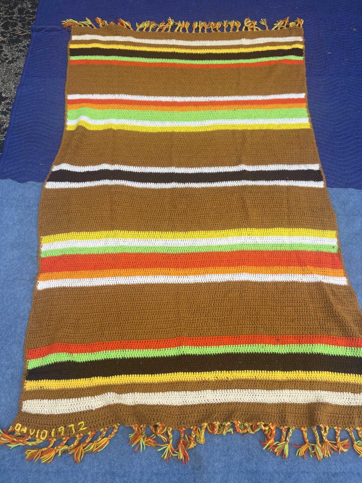 Vintage Crochet Blanket Handmade Thanksgiving Colors 80" x 48" 1972 A11