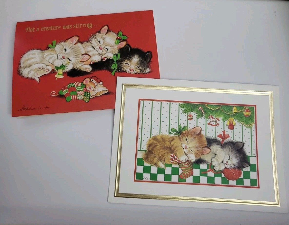 Vintage Greetings Cards Stephanie H Sleeping Kittens Mouse Christmas Ornaments 