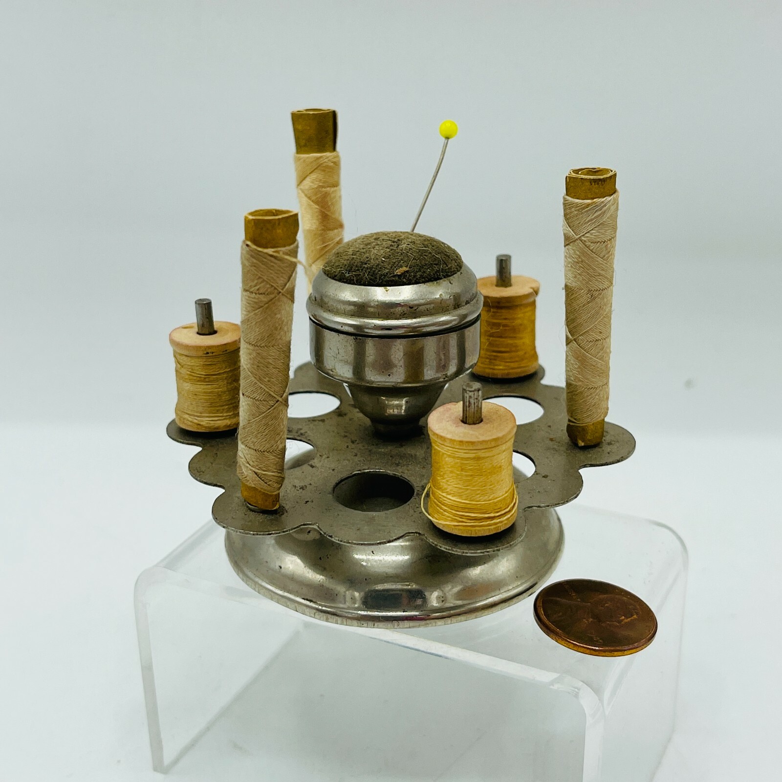 Antique Rotating Metal Spinning Pin Cushion Spool Holder Cottage Core 