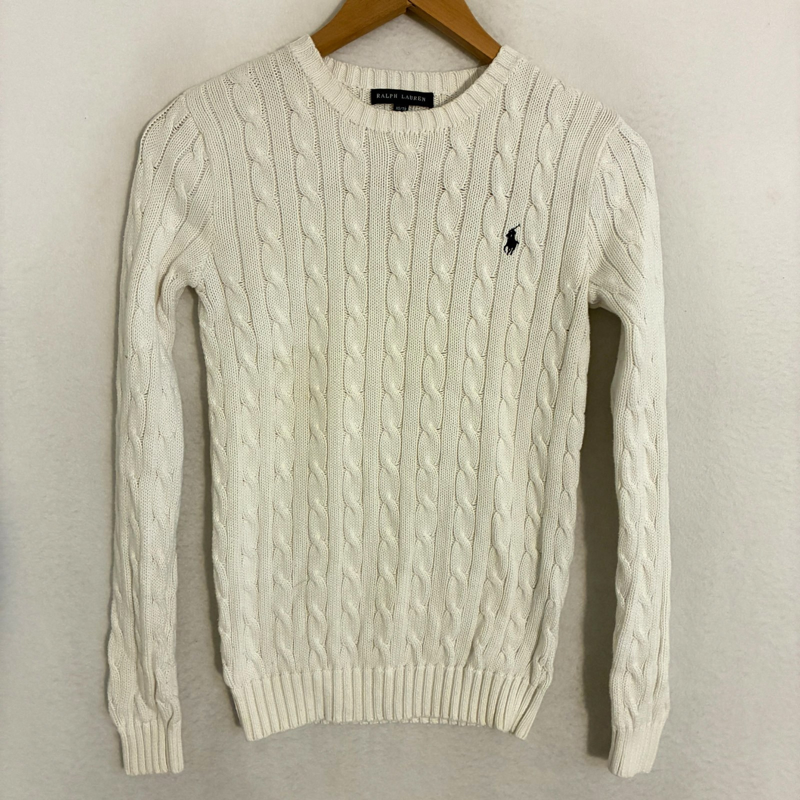 Vtg Ralph Lauren Cable Knit Sweater Womens XS Crewneck Logo Preppy Ivy Academia