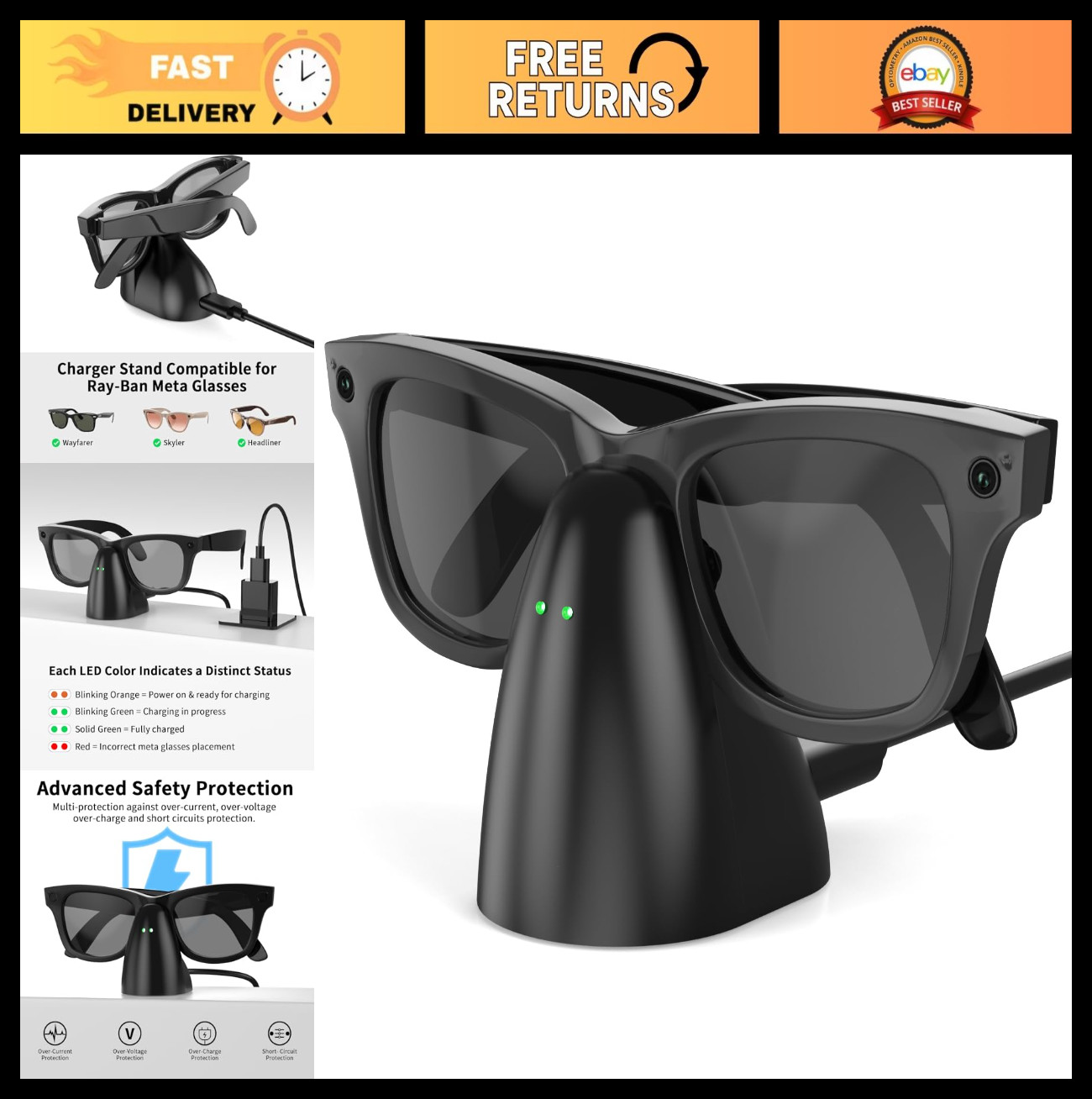 Portable Charging Dock for Smart Glasses - USB-C Charger for Wayfarer, Headliner