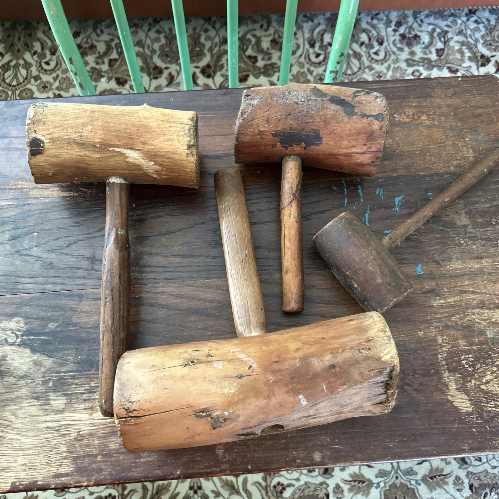 3 Large Wood Mallets Rustic Carpenter’s Hammers Primitive Homemade Trees Gavel