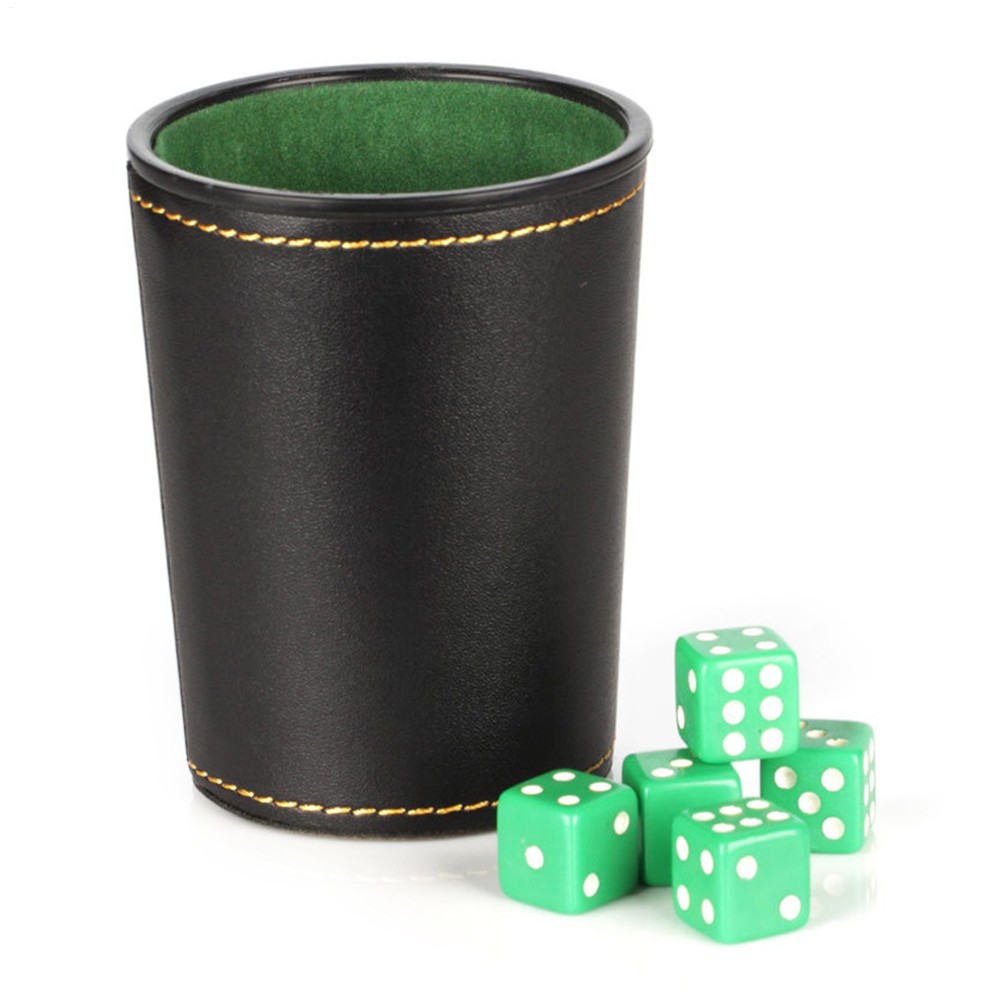 New Bicast Leather Dice Cup With Green Felt Lining & 5 Rounded Corner Poker Dice