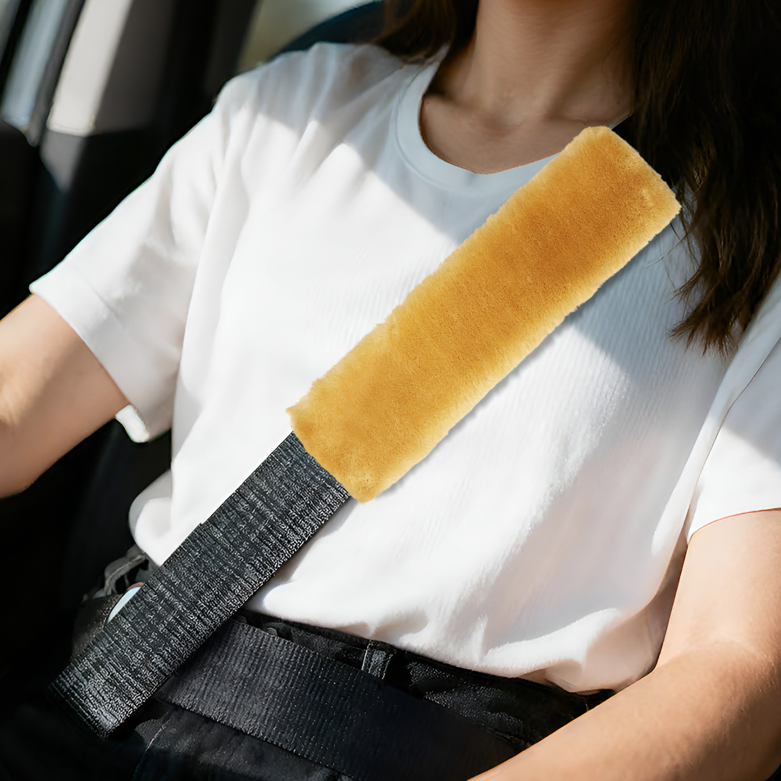 2 Pcs Car Seat Belt Cover Pad Soft Fluffy Seatbelt Cushion Camel