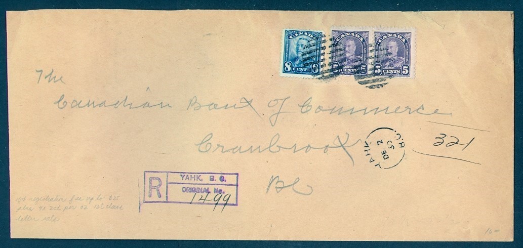 CANADA 1930 SCOLL/ARCH COMBO YAHK BC REG COVER