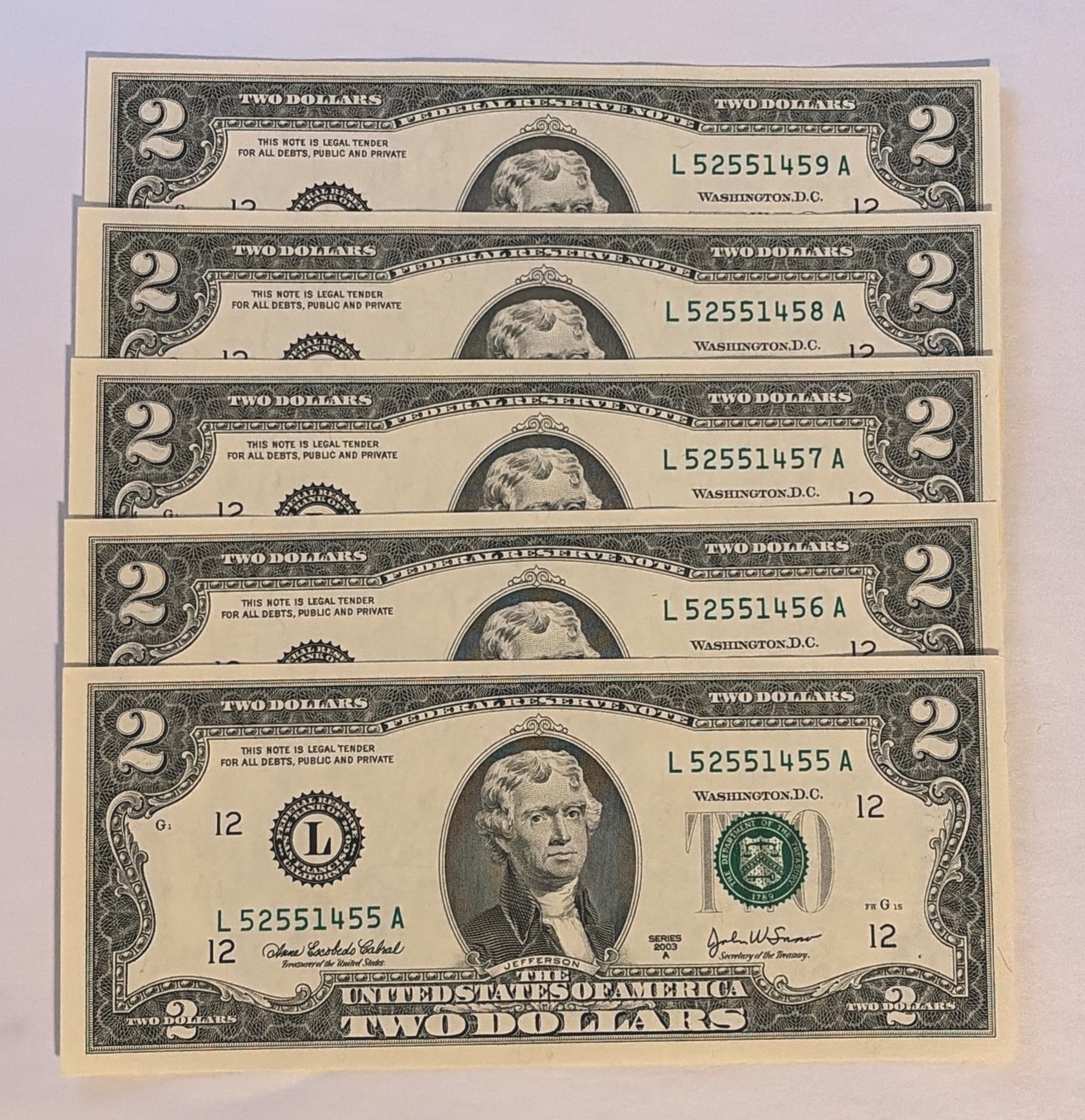 5-sequential Uncirculated 2003 A- $2 Two Dollar Bill - San Francisco (L)