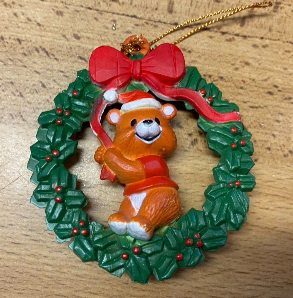 Vintage 3D Acrylic Bear in Wreath Christmas Ornament 3"