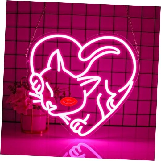 Cat Neon Sign,  Pink Neon Signs for Wall Decor, Cute Animal Light Up Eyed Cat