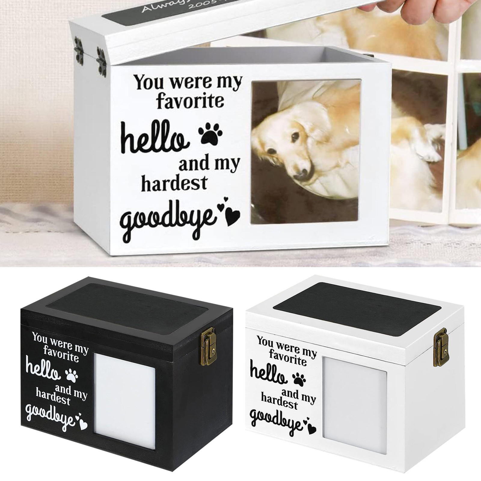 Wooden Pet Memorial Urn for Ashes with Photo Frame Cat / Dog Memory Box Keepsake