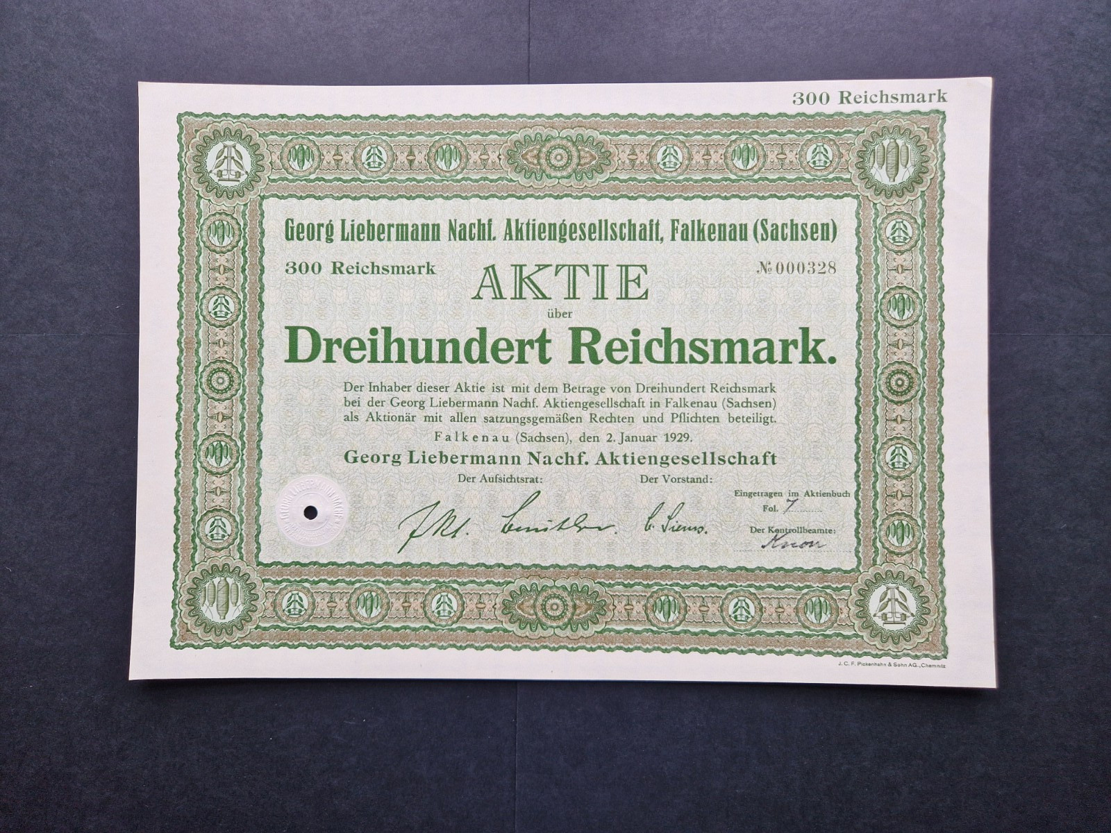 Georg Liebermann Nachf. AG 300 RM 1929 Falkenau Saxony