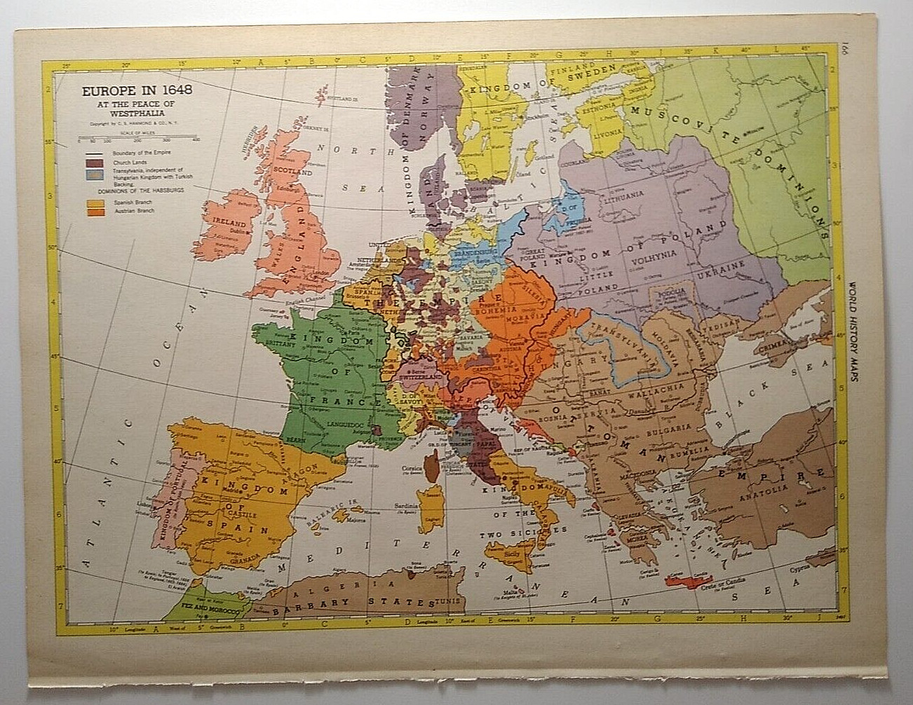 1955 Antique EUROPE 1648 Atlas Map - Vintage Hammond's New Supreme World Atlas