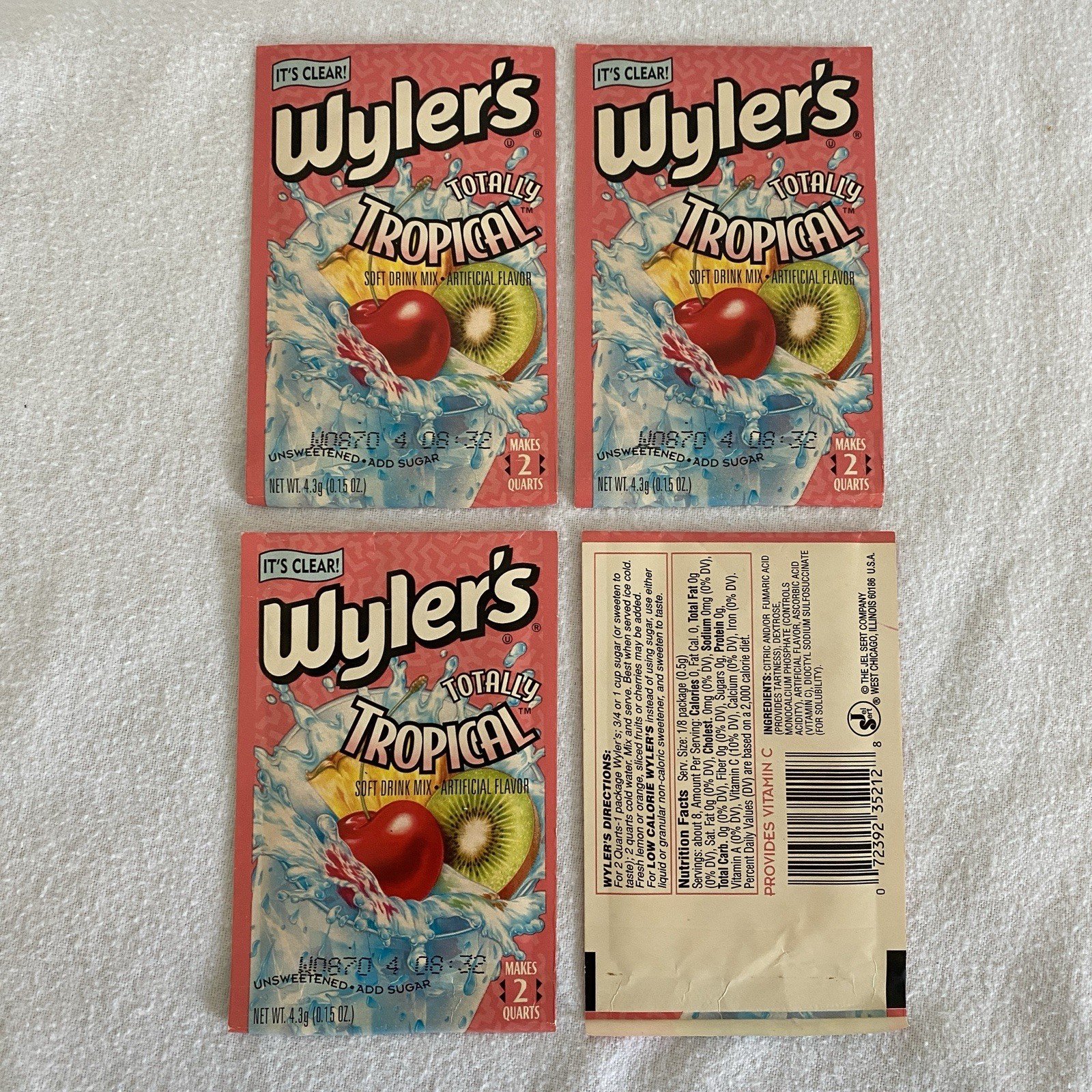 Vintage Wylers CLEAR Totally Tropical Drink Mix 4 Packets 90s Powdered Drink NOS
