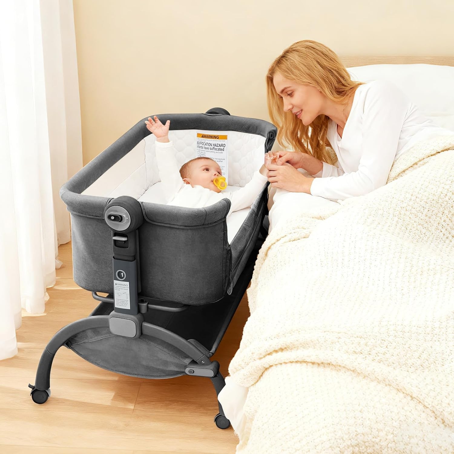 Adjustable Bedside Crib for Newborn with Breathable Mesh, Wheels & Incline, Gray