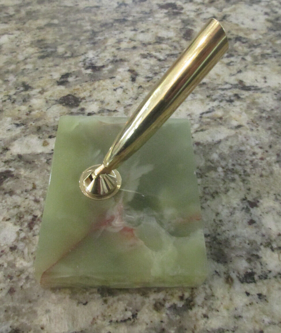 FOUNTAIN PEN HOLDER GREEN MARBLE 3.25" x 2.75" SINGLE PEN GOLD METAL SWIVEL #G6
