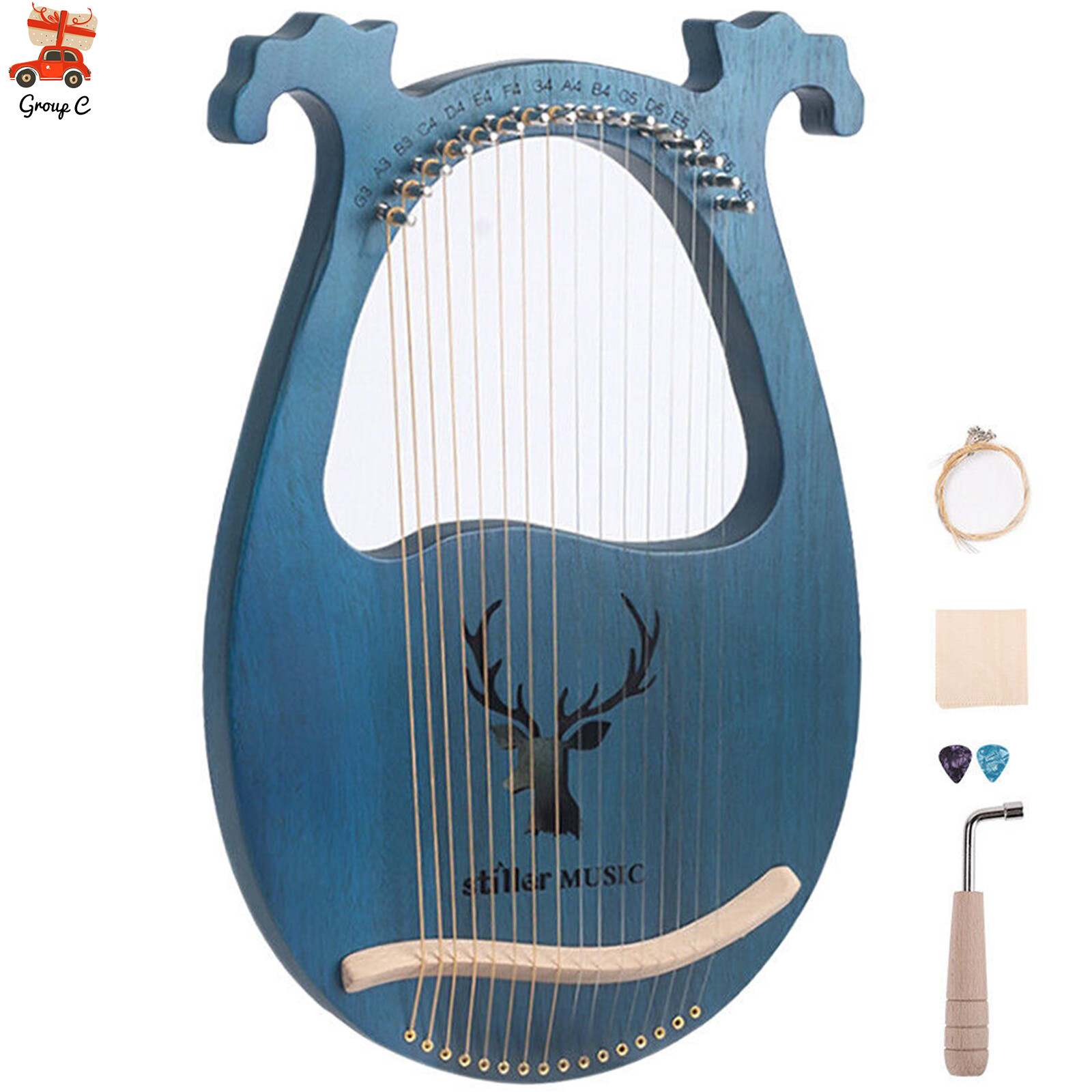 New Lyre Harp,16 Metal String Harp Solid Wood Mahogany with Tuning Wrench Gift