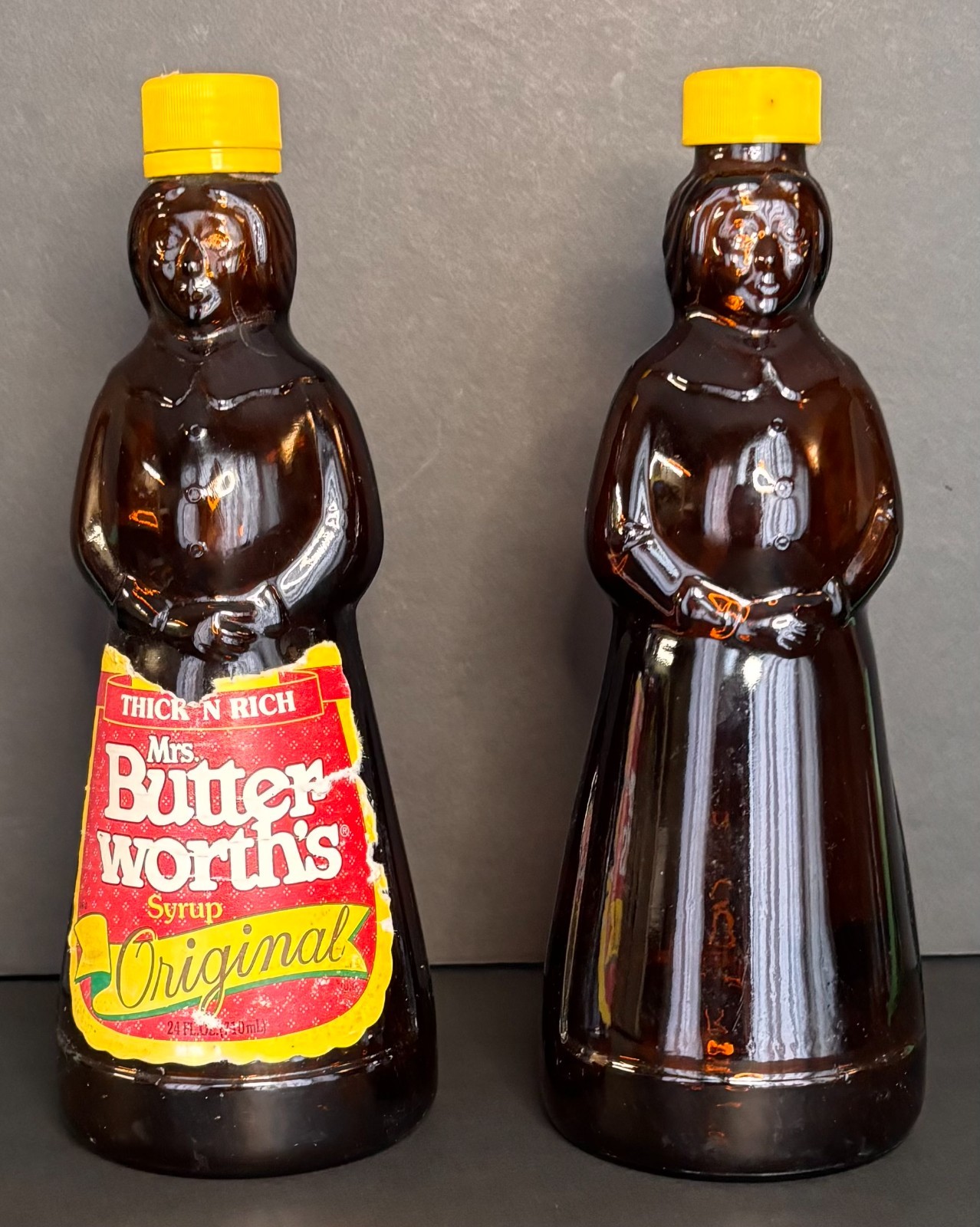 Vintage Mrs. Butterworth's Syrup Bottles Amber Glass 24 oz Plastic Cap 10"