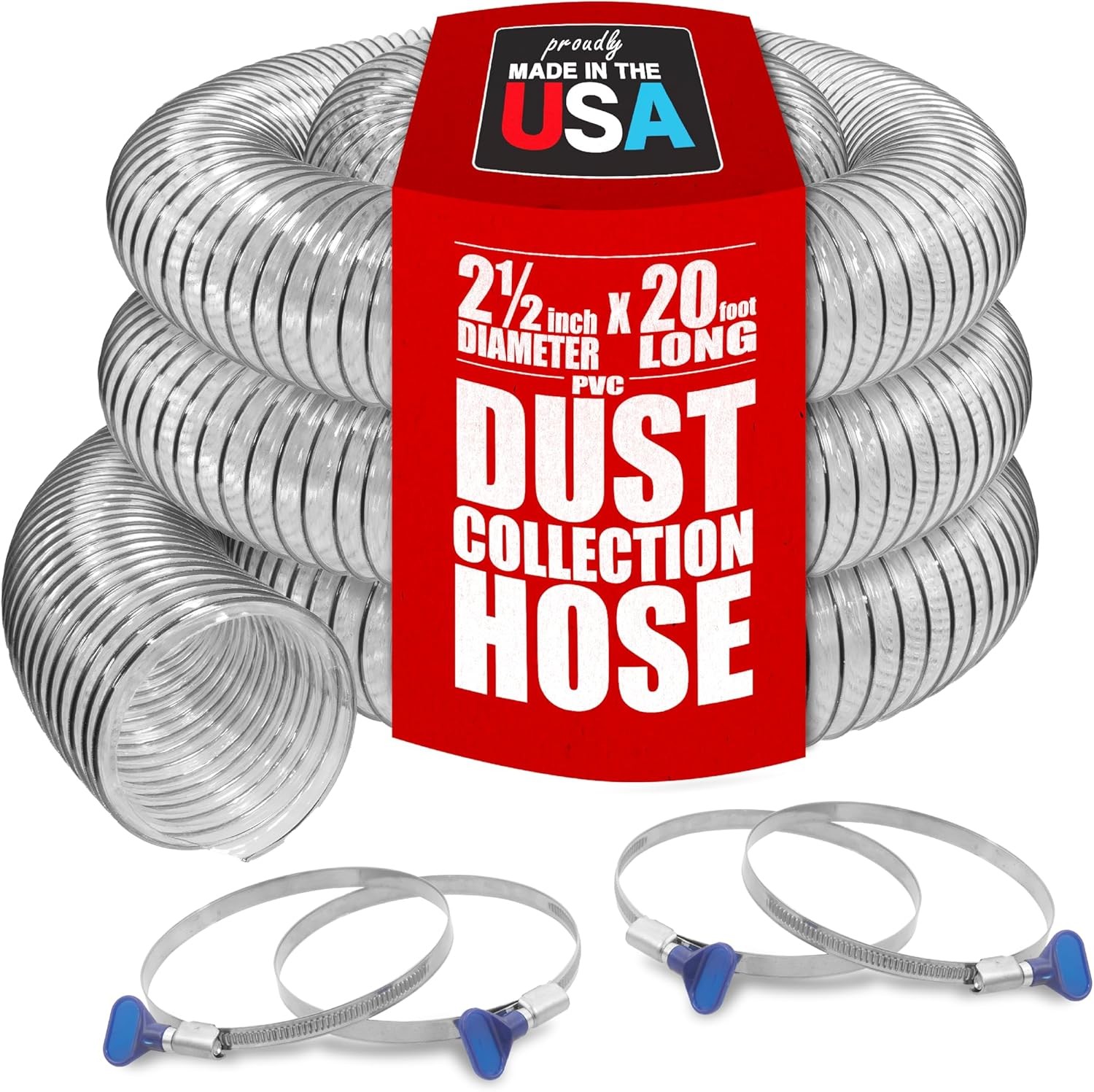 PVC Dust Collection Hose w/4 Thumbscrew Clamps,Clear Flexible Hose(2 1/2" x 20')
