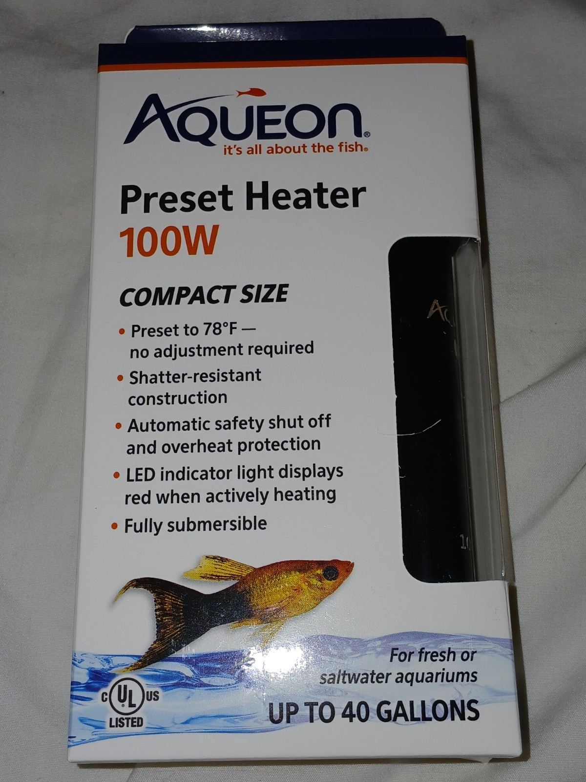 Aqueon Preset Aquarium Heater 100 Watts, Compact Size, Up To 40 Gallons New