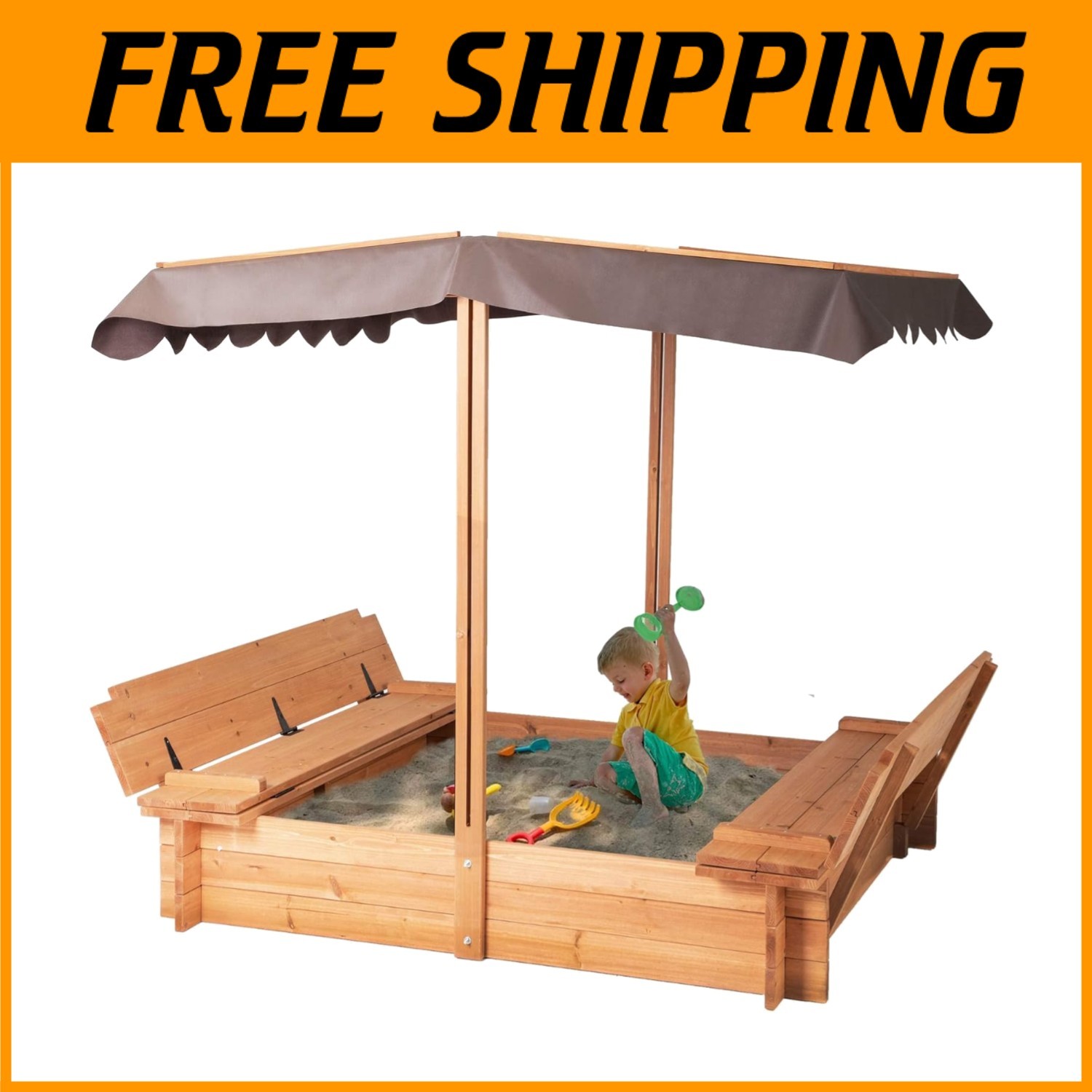Wooden Sandbox with Adjustable Canopy, 2 Benches