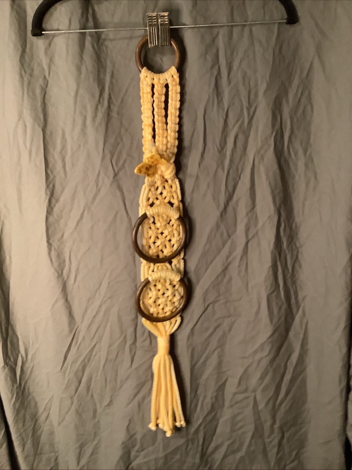 Vintage Macrame Towel Hanger Holder Yellow 29" L Best Part Butterfly Is Awesome