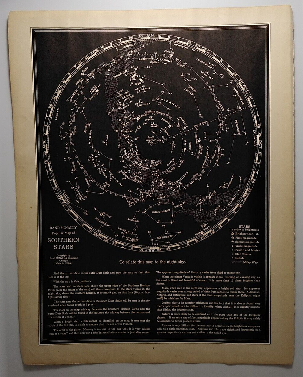 1937 Antique SOUTHERN STARS Authentic Old Atlas Map - Rand McNally World Atlas