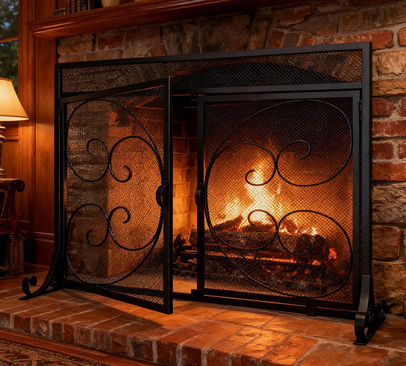 Kingson Flat Fireplace Screen with Hinged Doors 37.8"L x 11"W x 30.7"H, Black 