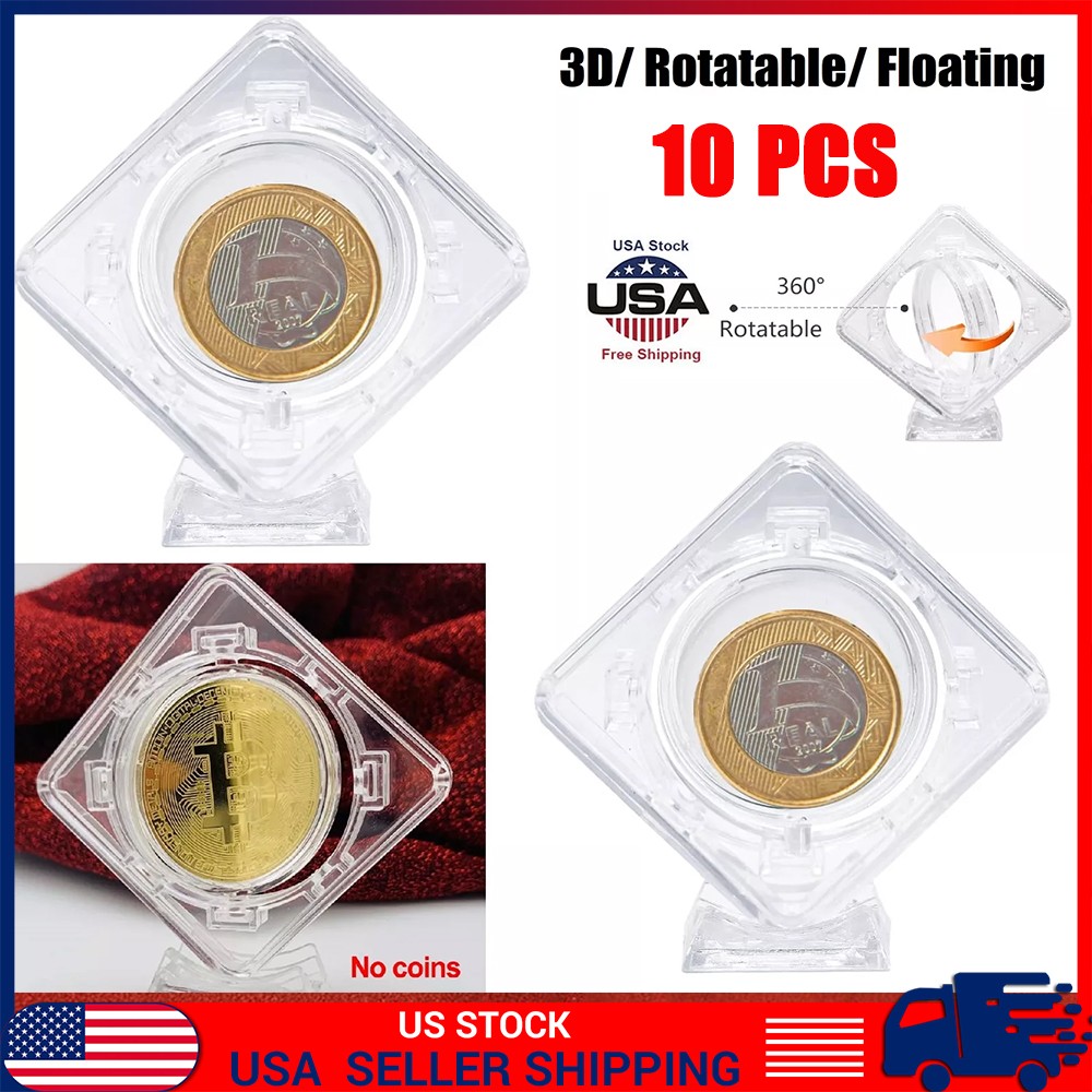 10PC 3D Coin Display Case Stand Rotatable Floating Coin Capsules Protector 40 mm