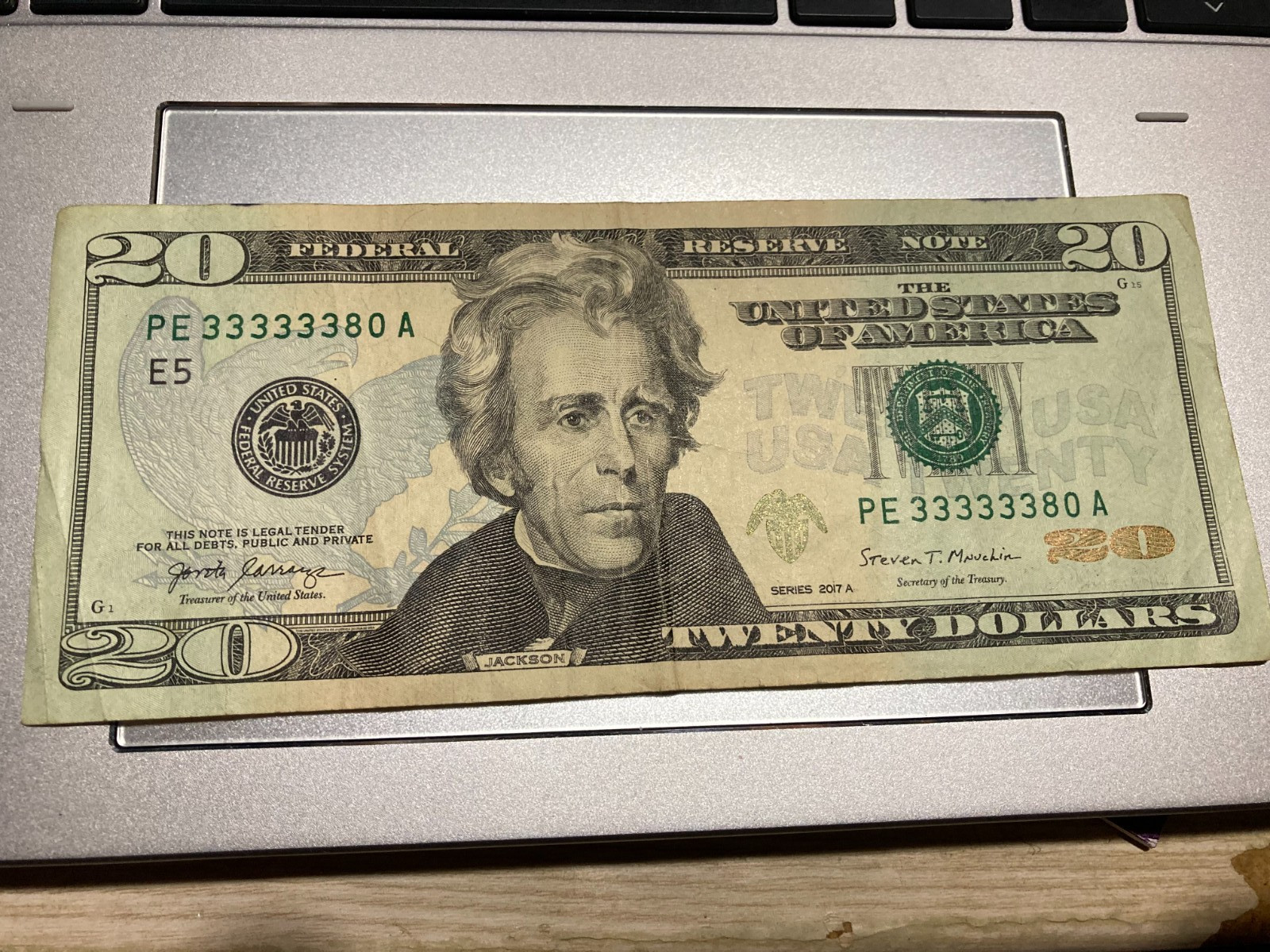 US Twenty Dollar Note $20 Fancy Serial TRINARY Series 2017A PE 33333380 A / 6-3s