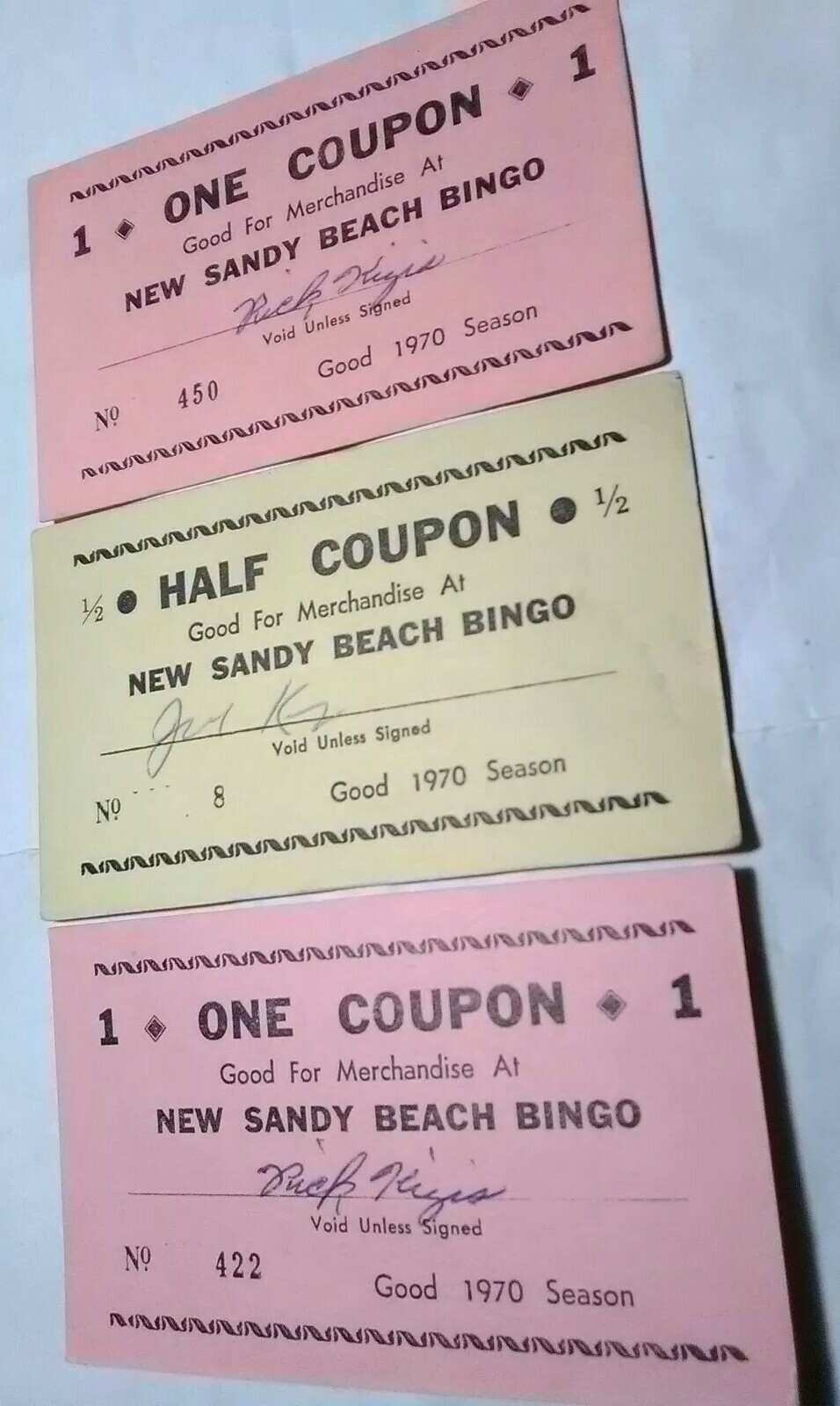 3 Lot Super Rare Vtg 1970 New Sandy Beach Bingo For Merchandise Tickets Coupons