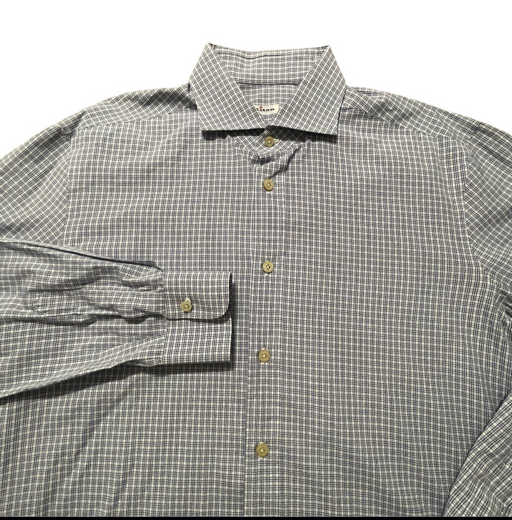 Kiton LS Button Up Shirt Mens Size 17.5/44 Blue & White Plaid Modern Italy EUC