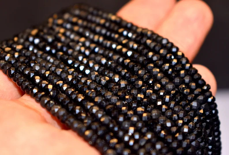 AAA Black Tourmaline Beads: Faceted Rondelle, 4mm