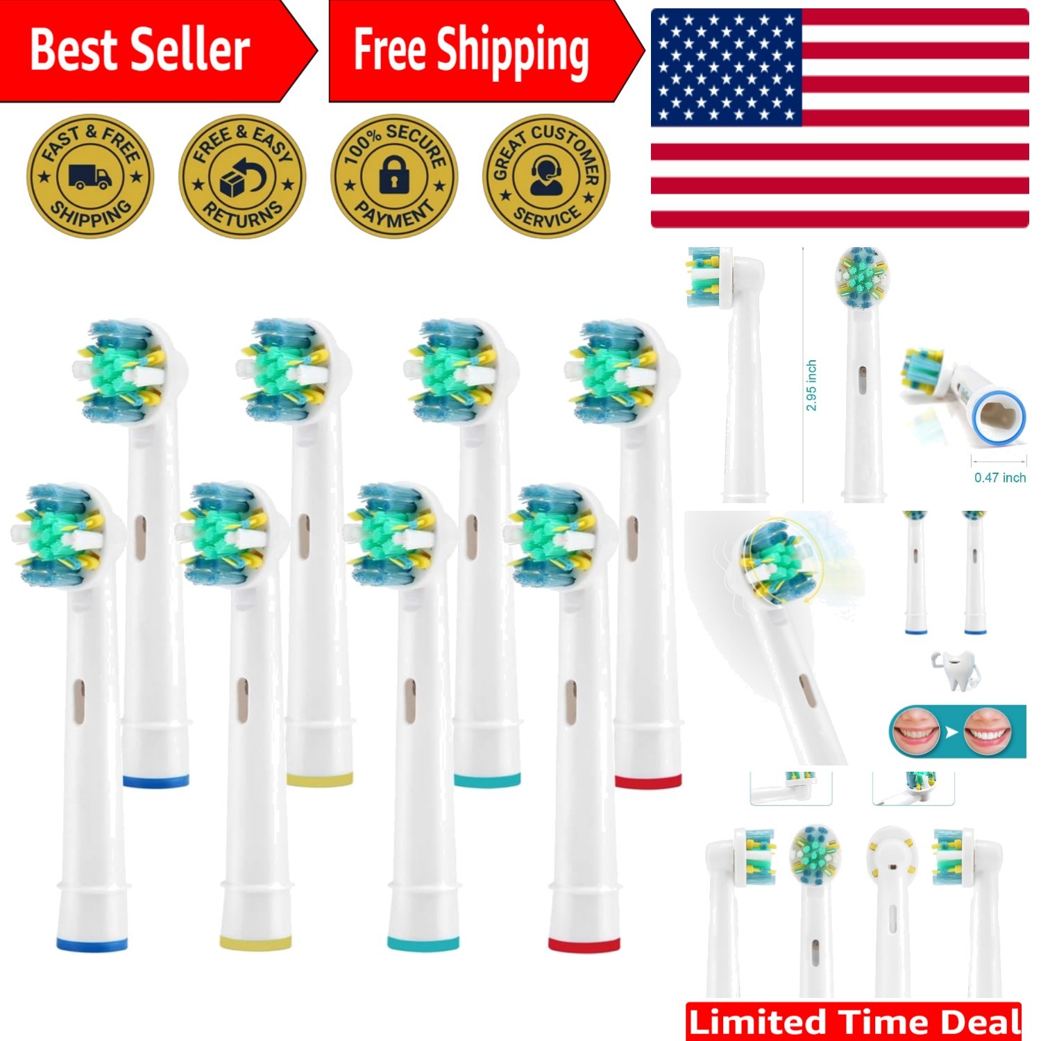 Deep Clean Replacement Heads for Electric Toothbrush, 8 Pack with Storage Caps