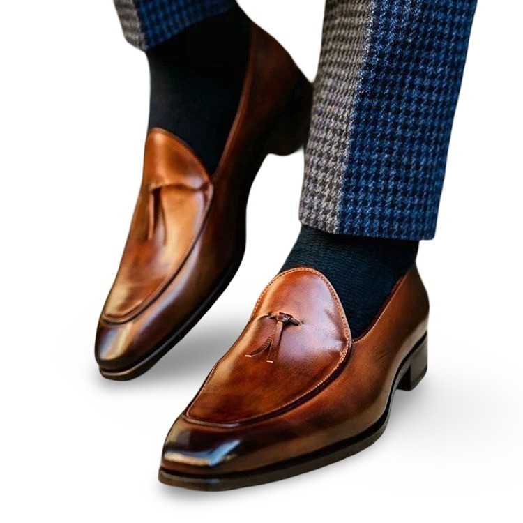 Handmade Brown Genuine Leather Tasselled Slip On Office Dress Shoes For Men