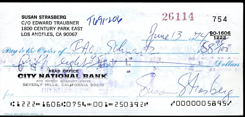 Susan Strasberg Jsa Authenticated Signed Check Autograph