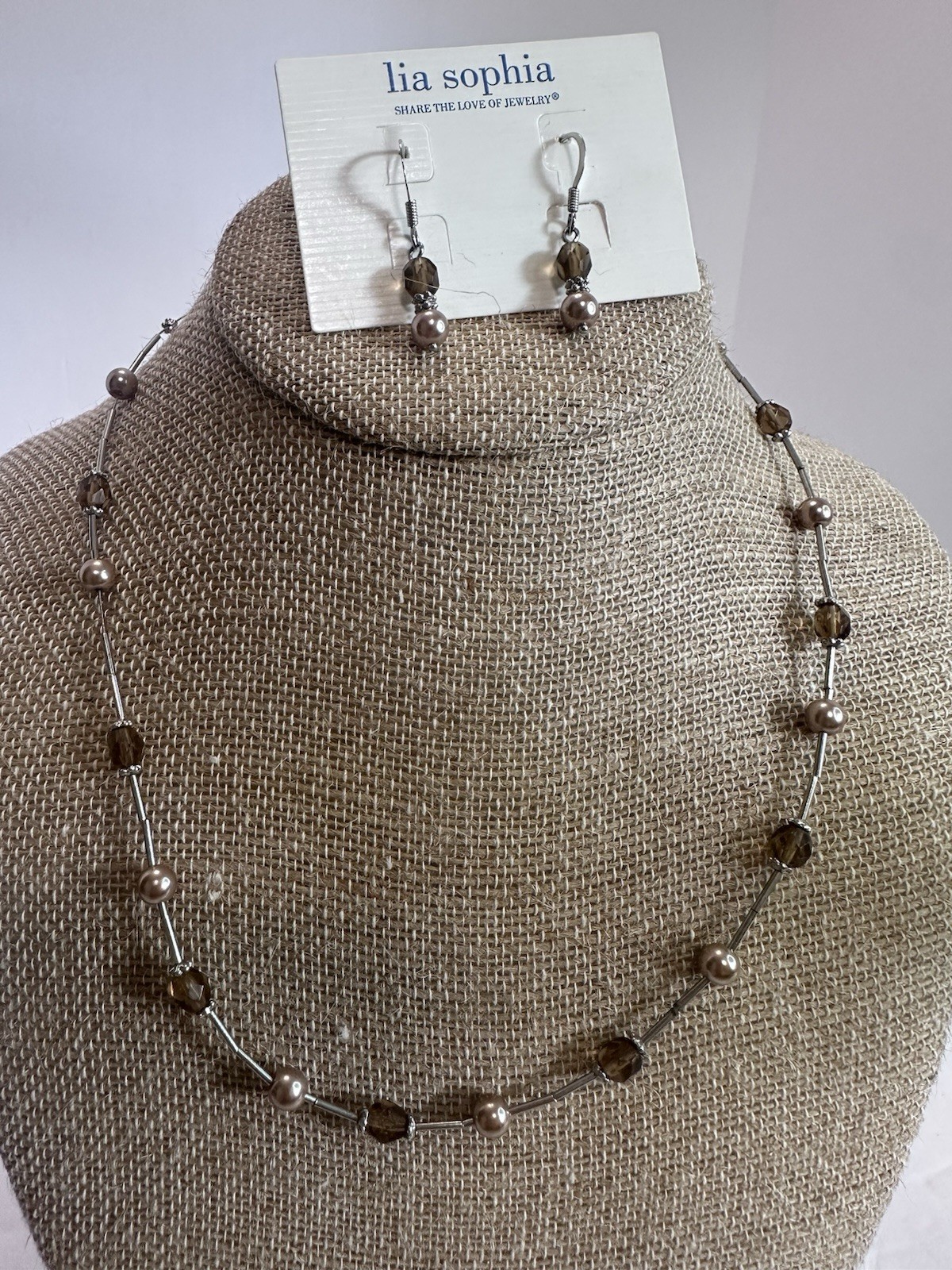 Lia Sophia "Brown Sugar" Silver, Brown, Silver Beaded Necklace & earring set